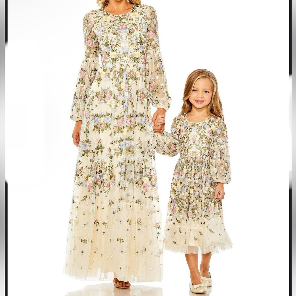 Mac Duggal Little Girls Ivory Multi Floral Embroidered Long Sleeve A Line Dress
